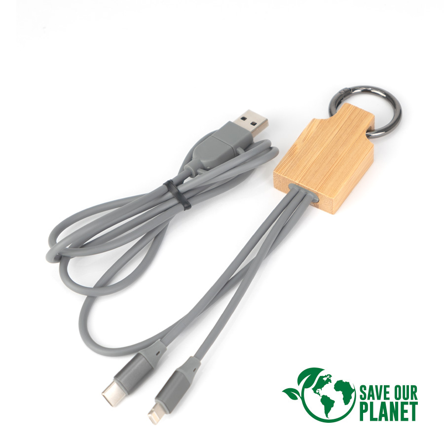 B85 - Connect Multicargador 4 en 1 de Bamboo con llavero.